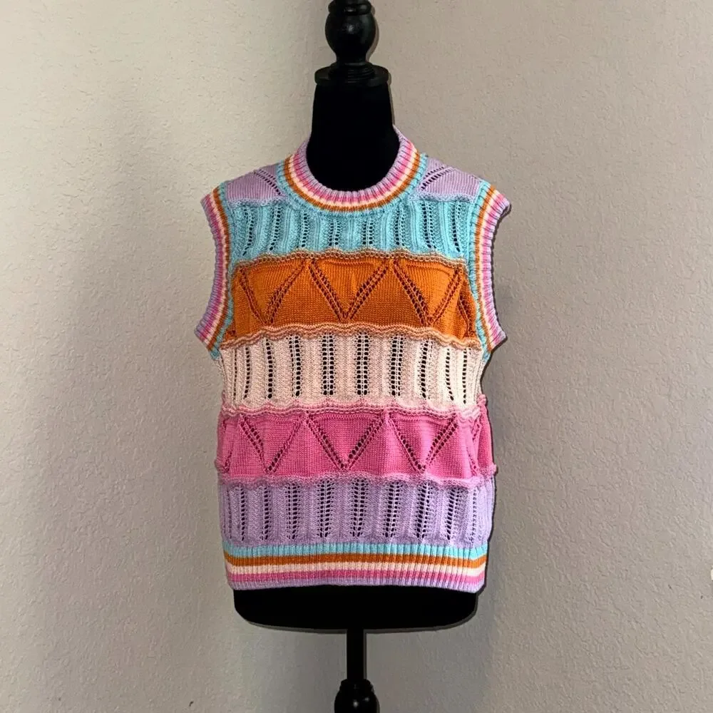 Grace & Karma Short Sleeve Sweater Women's XL Multicolor Striped Crochet Knitted